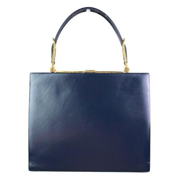 VINTAGE J. W Robinson & Co LA NAVY BLUE LEATHER FRAME HANDBAG SATCHEL POCKETBOOK - Picture 5 of 16